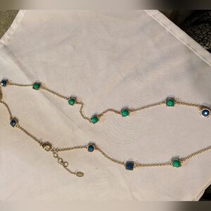 Amrita Singh Vintage Long Chain Necklace Teal Green & Dark Blue Beads Faceted